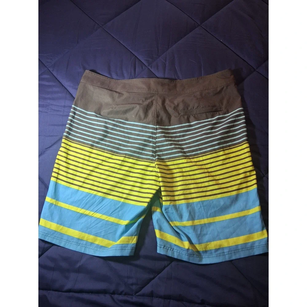 Oxide Mens Board Shorts Size 38 Brown Neon Yellow Blue Striped Swim‎ Trunks
